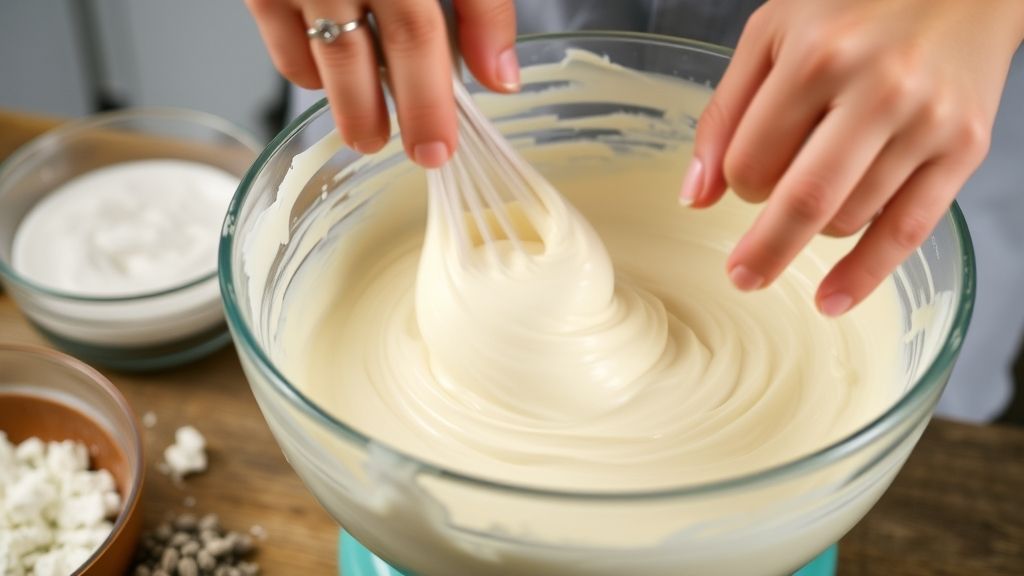 Mãos misturando a massa cremosa do bolo em uma tigela antes de assar