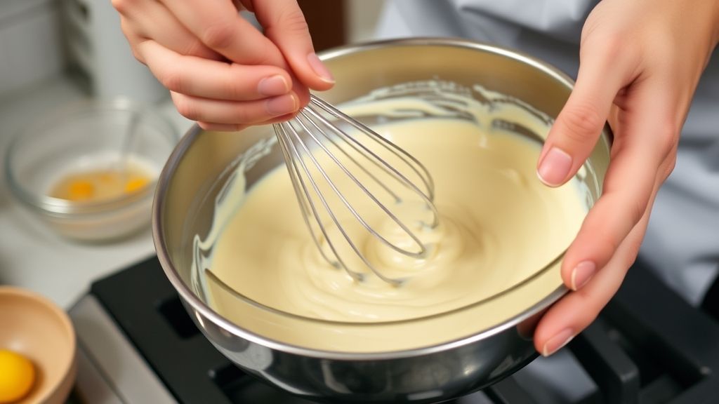 Mãos misturando a massa do bolo em uma tigela antes de despejar na frigideira