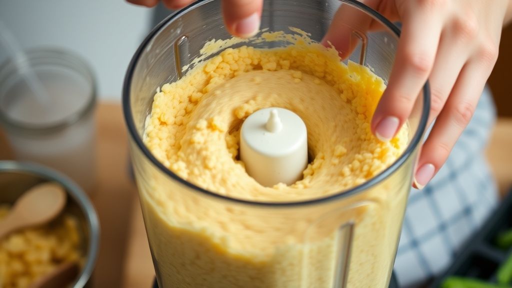 Mãos batendo a mistura cremosa de milho e ovos no liquidificador.
