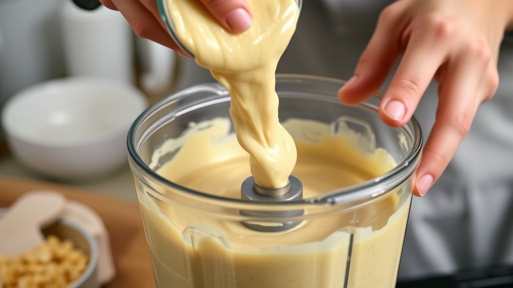 Mãos despejando a massa líquida de bolo de fubá no liquidificador, destacando o preparo