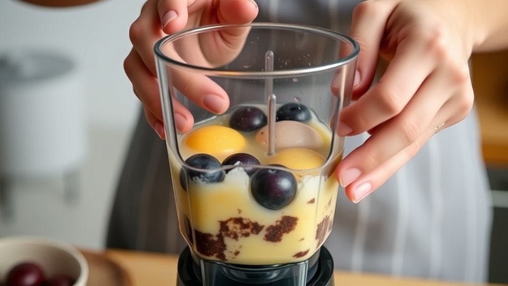 Mãos batendo a mistura de jabuticaba e ovos no liquidificador para preparar a massa do bolo.