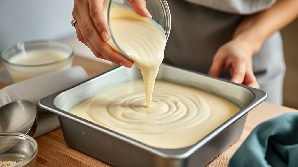 Mãos em ação despejando a massa líquida na forma para assar o bolo