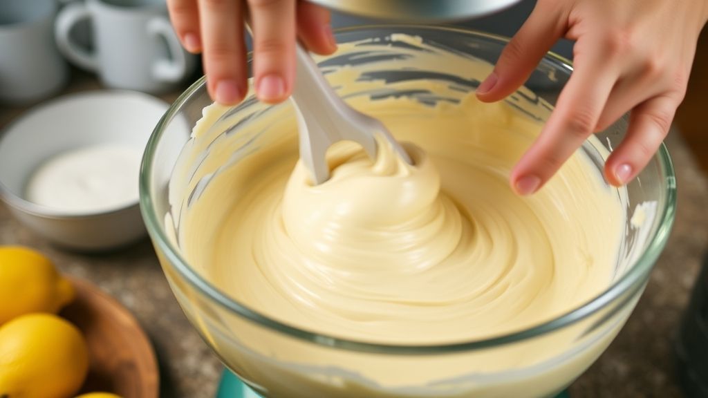 Mãos misturando a massa de bolo de limão em tigela de vidro durante o preparo
