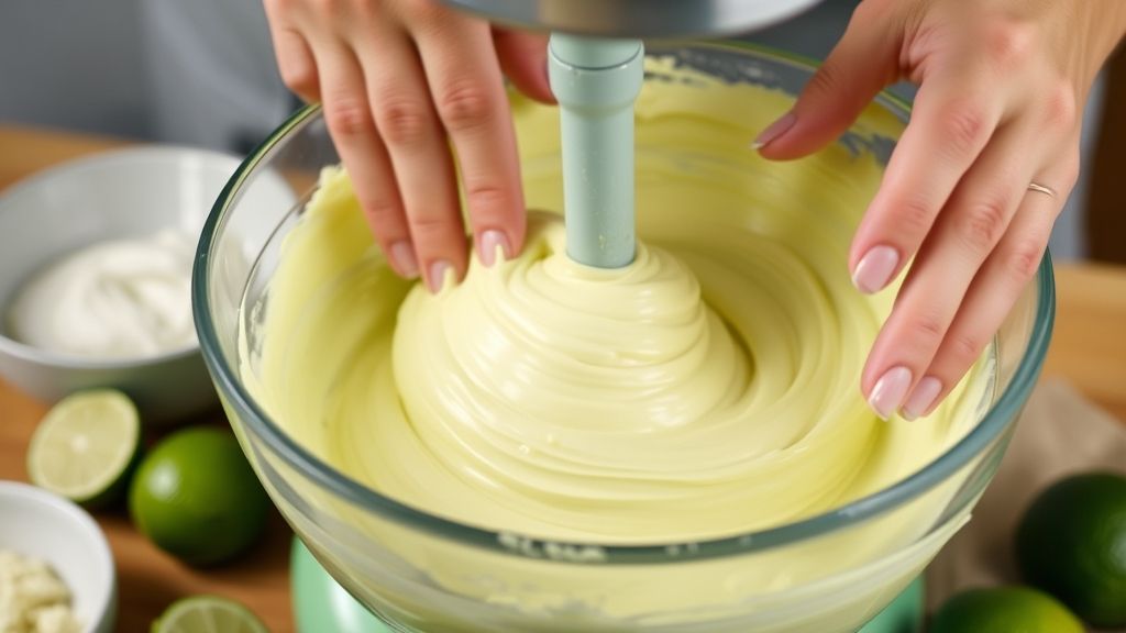 Mãos misturando a massa do bolo de limão verde em uma tigela durante o preparo