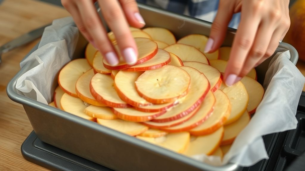Mãos montando camadas de massa e maçã na forma, passo essencial da receita
