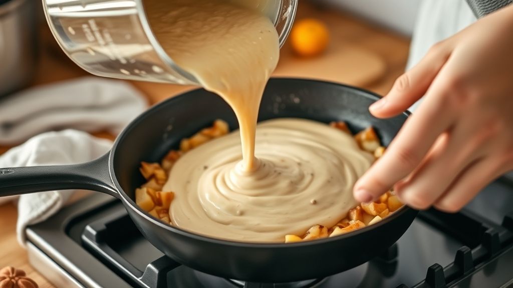 Mãos misturando os ingredientes em tigela e despejando a massa na frigideira antiaderente