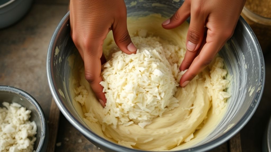 Mãos misturando a massa de mandioca com coco e leite de coco em uma tigela grande