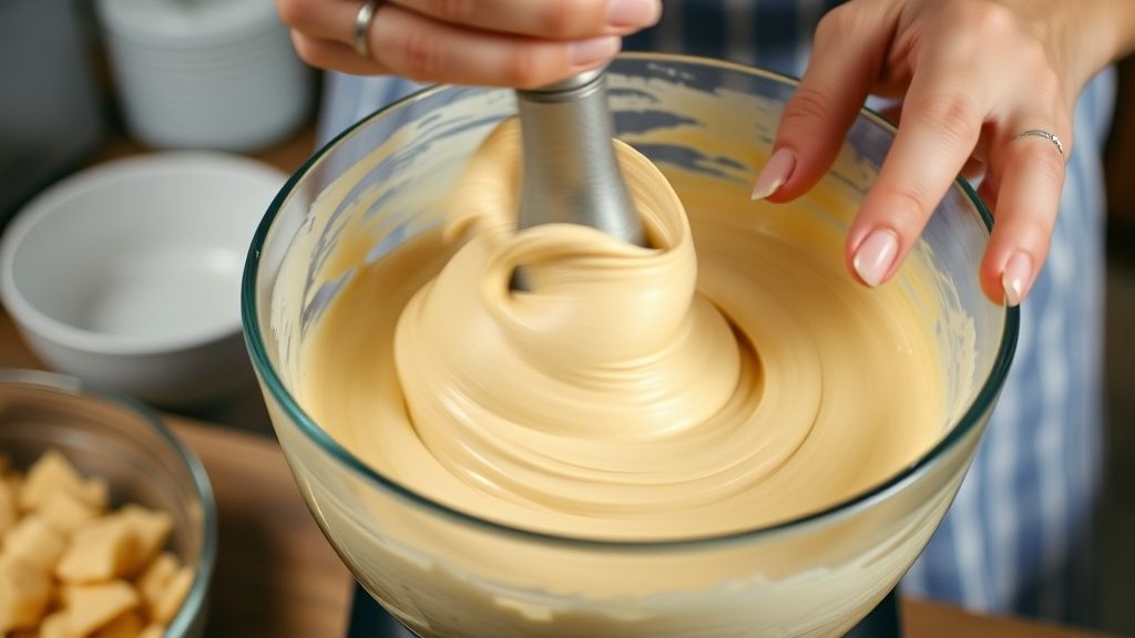Mãos misturando a massa cremosa de bolo de mandioca em uma tigela, com utensílios de cozinha ao redor.