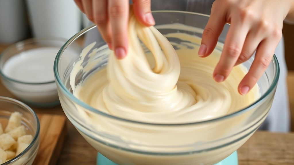 Mãos batendo massa cremosa em tigela de vidro com batedor, mostrando a textura leve da mistura