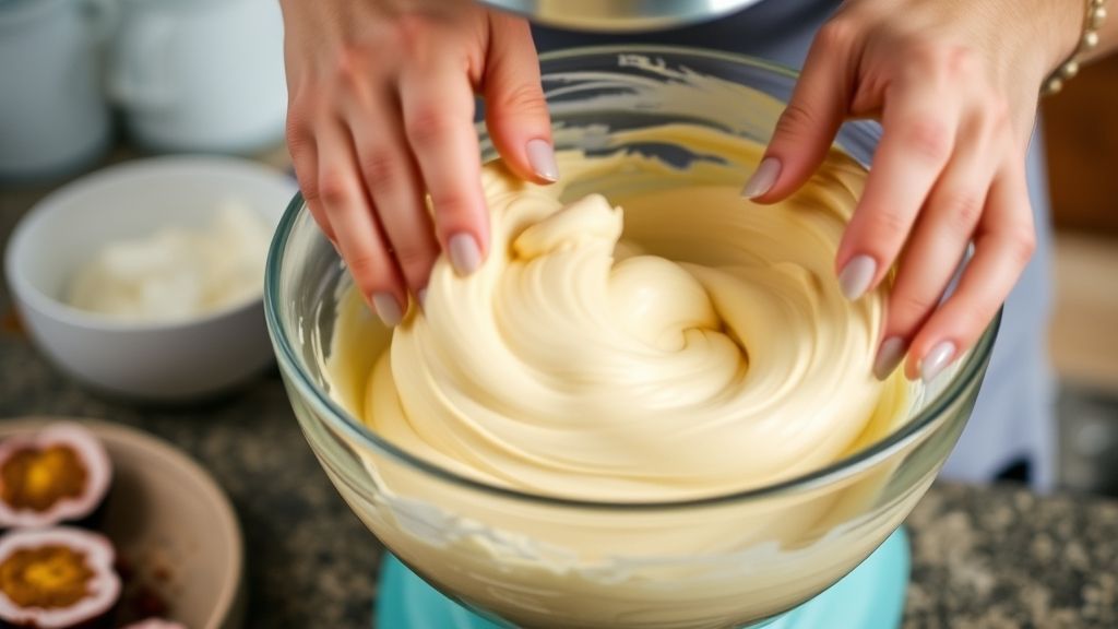 Mãos misturando a massa cremosa do bolo em tigela, passo decisivo antes do forno