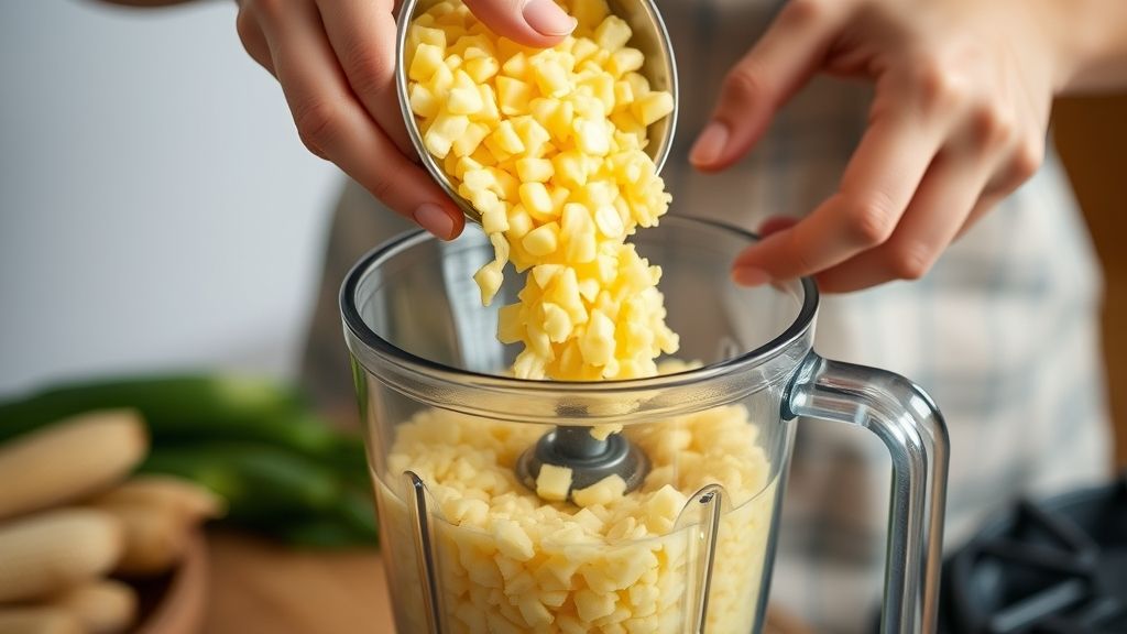 Mãos adicionando o bagaço do milho no liquidificador durante o preparo da massa.