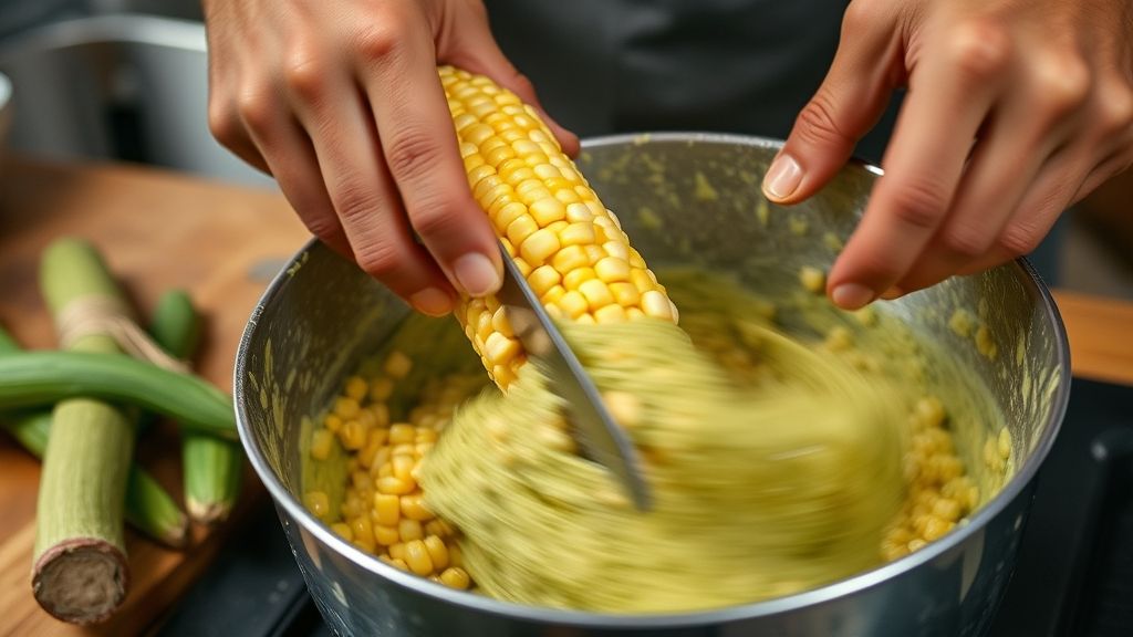 Mãos cortando milho das espigas e batendo a mistura no liquidificador durante o preparo do bolo