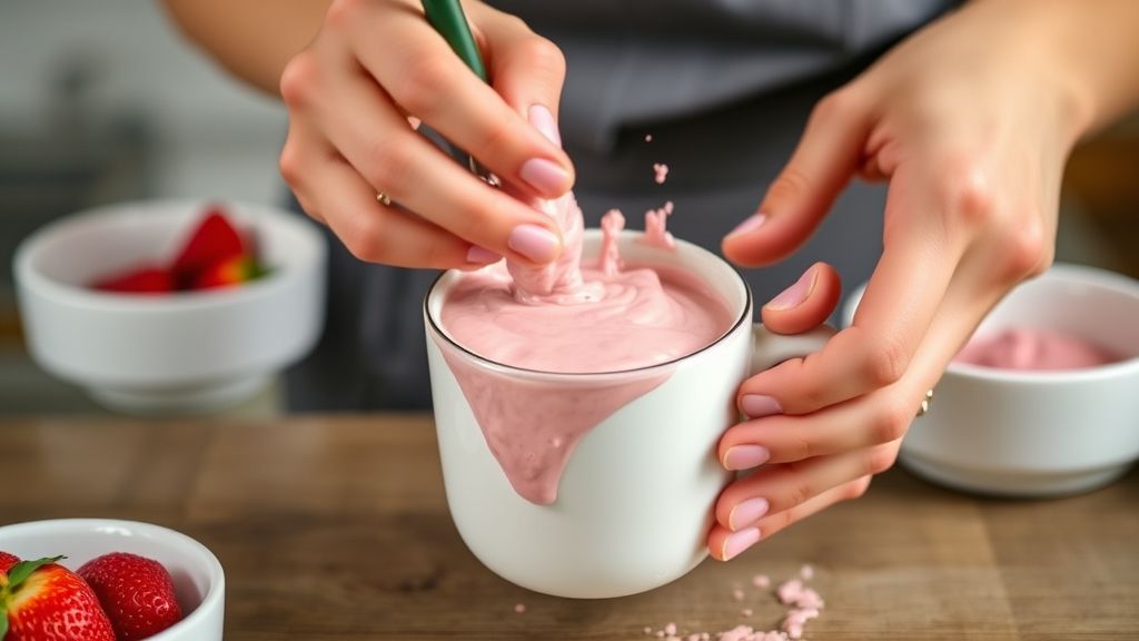 Mãos misturando a massa do bolo de morango na caneca antes de levar ao micro-ondas