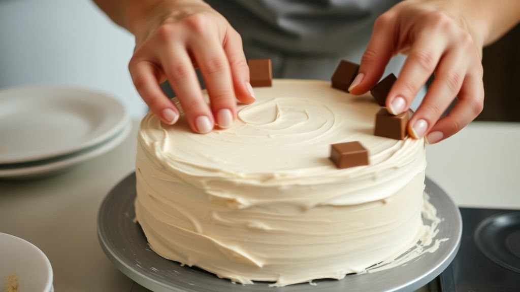 Mãos em ação cobrindo o bolo com brigadeiro antes de fixar os Kit Kats nas laterais