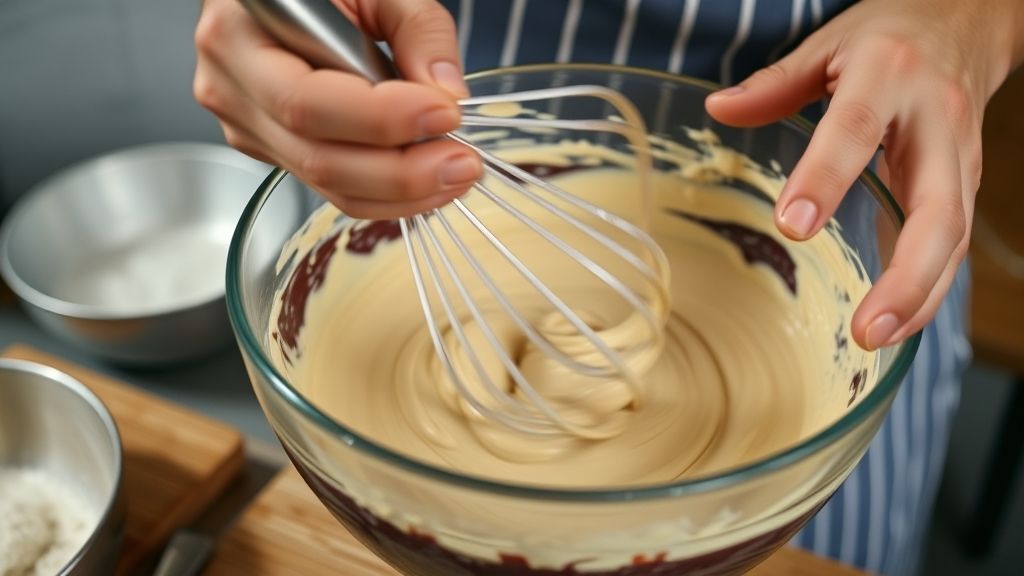 Mãos misturando a massa de bolo com fouet em uma tigela, mostrando o preparo com textura cremosa
