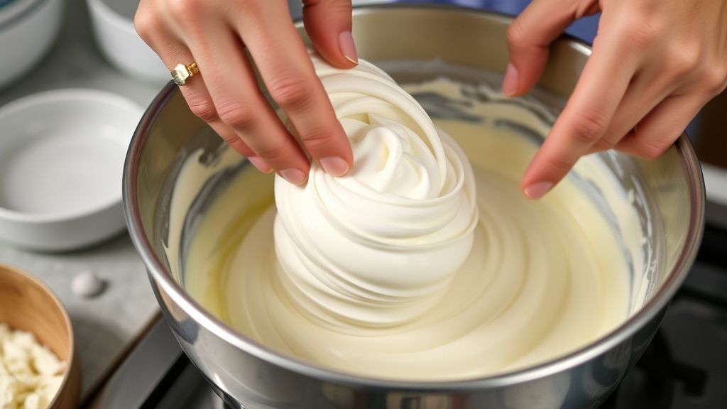 Mãos incorporando claras em neve à mistura de chocolate branco em tigela