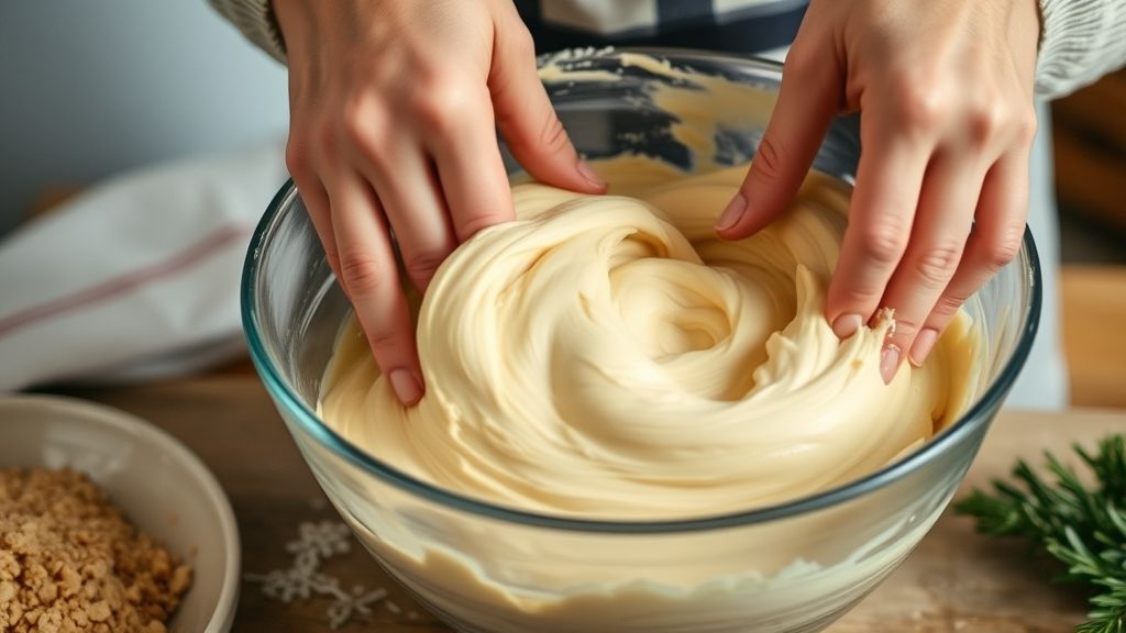 Mãos misturando a massa do bolo panetone em uma tigela durante o preparo