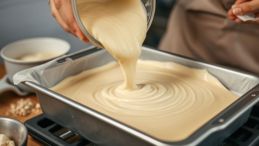 Mãos em ação despejando a massa cremosa do bolo pega marido em uma forma untada