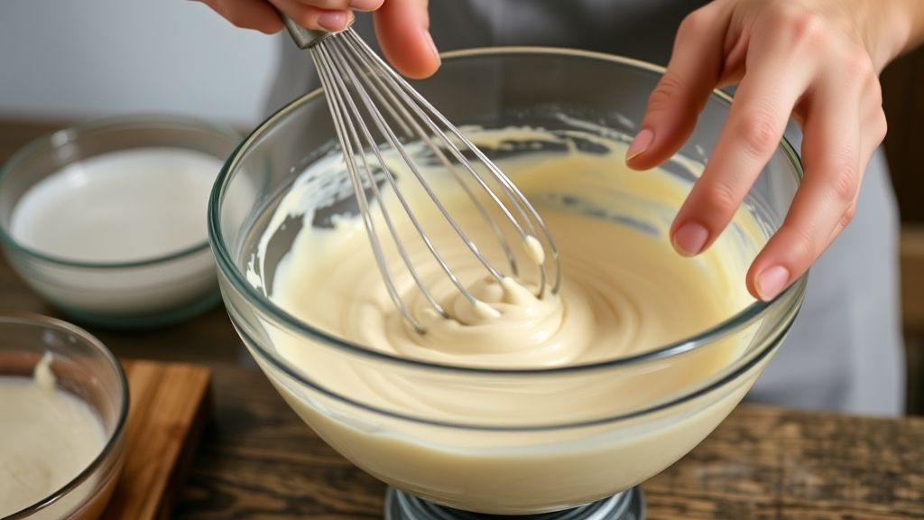 Mãos mexendo a massa cremosa em tigela de vidro com fouet, mostrando o preparo antes de levar ao forno