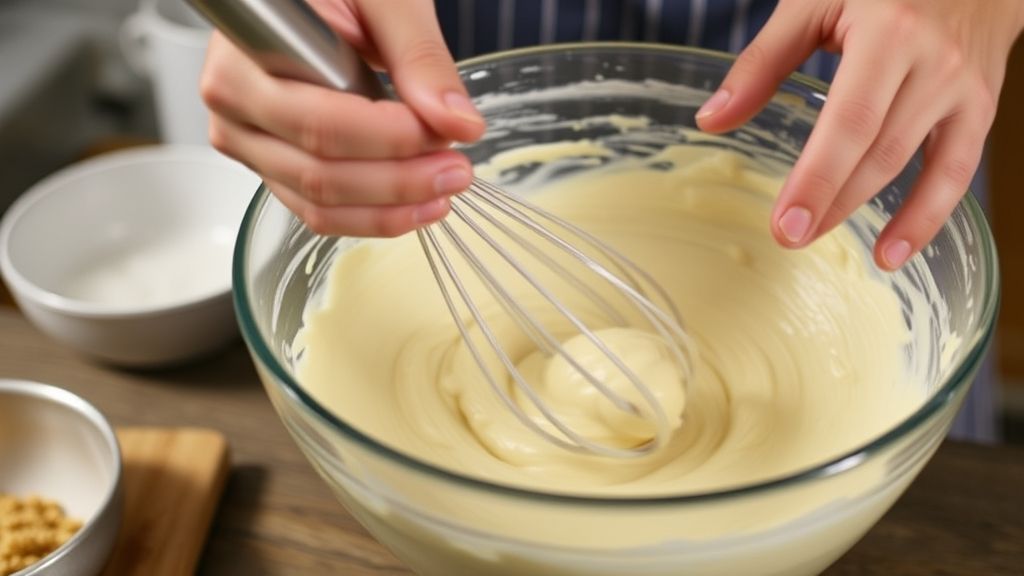 Mãos misturando manualmente a massa cremosa do bolo com fouet em tigela grande