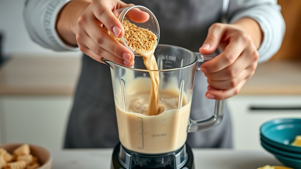 Mãos adicionando ingredientes no liquidificador durante o preparo do bolo pega marido