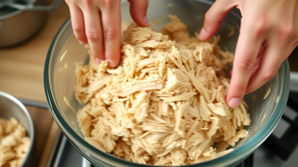 Mãos misturando o recheio cremoso de frango em uma tigela durante o preparo