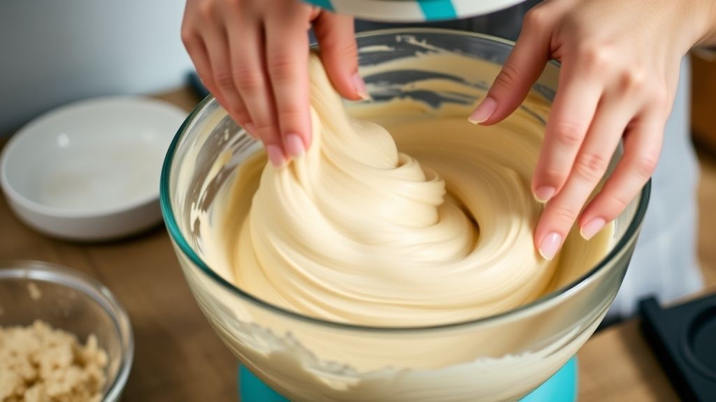 Mãos misturando a massa de bolo em uma tigela, mostrando a textura cremosa antes de assar
