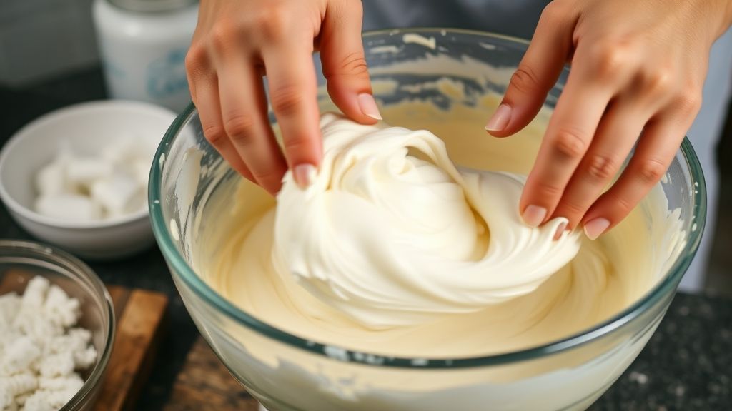 Mãos misturando a massa do bolo toalha felpuda em tigela, com textura cremosa e clara em neve sendo incorporada.