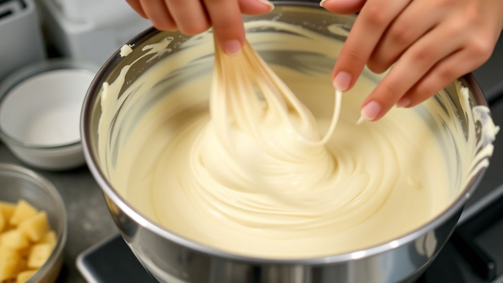Mãos misturando o creme trufado de chocolate branco e abacaxi, com tigela e utensílios de cozinha em destaque.