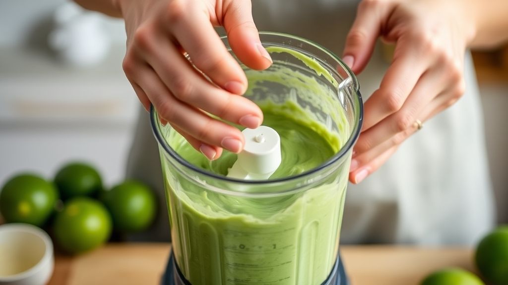 Mãos batendo a mistura verde no liquidificador, mostrando o preparo do bolo com textura cremosa