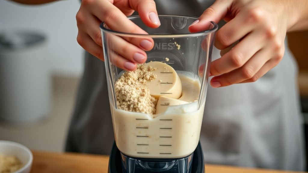 Mãos batendo a mistura de chocolate e leite condensado no liquidificador