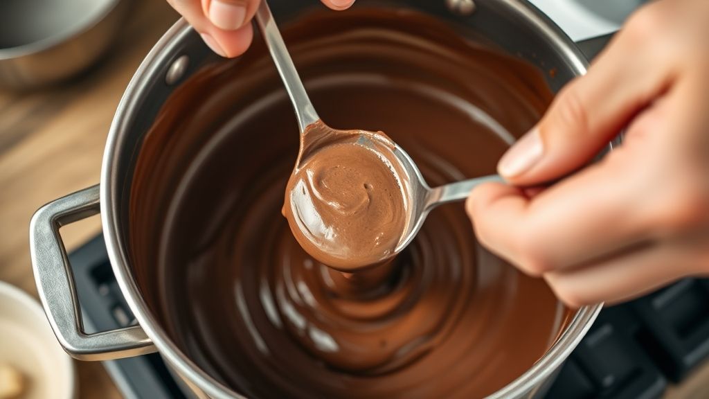 Mãos mexendo o brigadeiro em panela de fundo grosso durante o cozimento