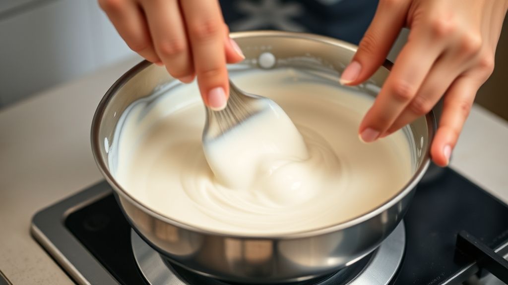 Mãos mexendo a mistura cremosa em fogo baixo com espátula de silicone