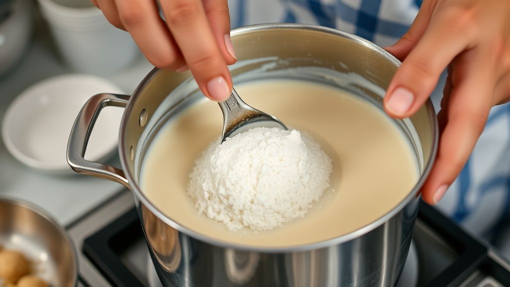 Mãos mexendo a massa cremosa do brigadeiro de leite ninho em panela de fundo grosso