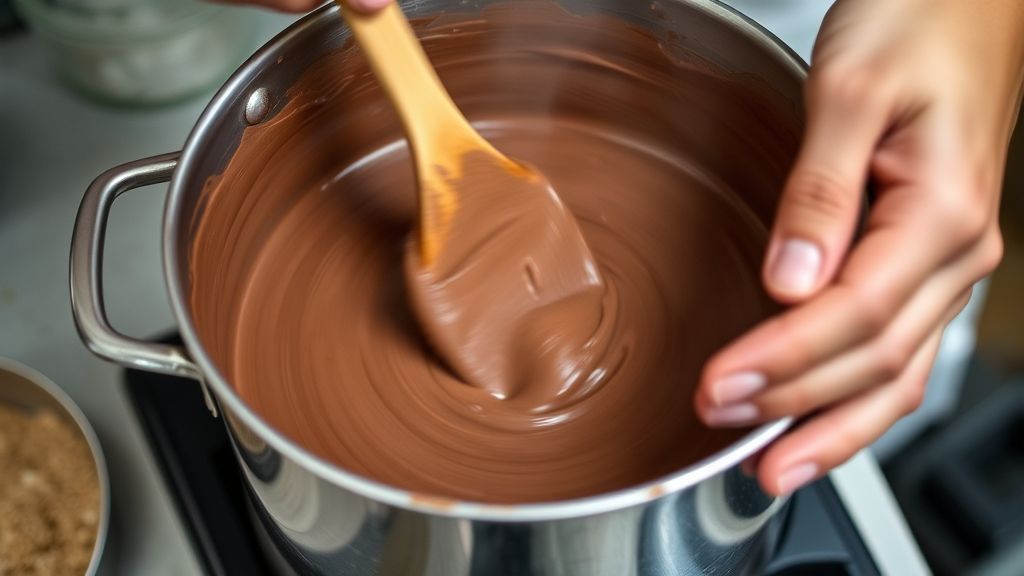 Mãos mexendo o brigadeiro na panela durante o cozimento, mostrando o ponto cremoso