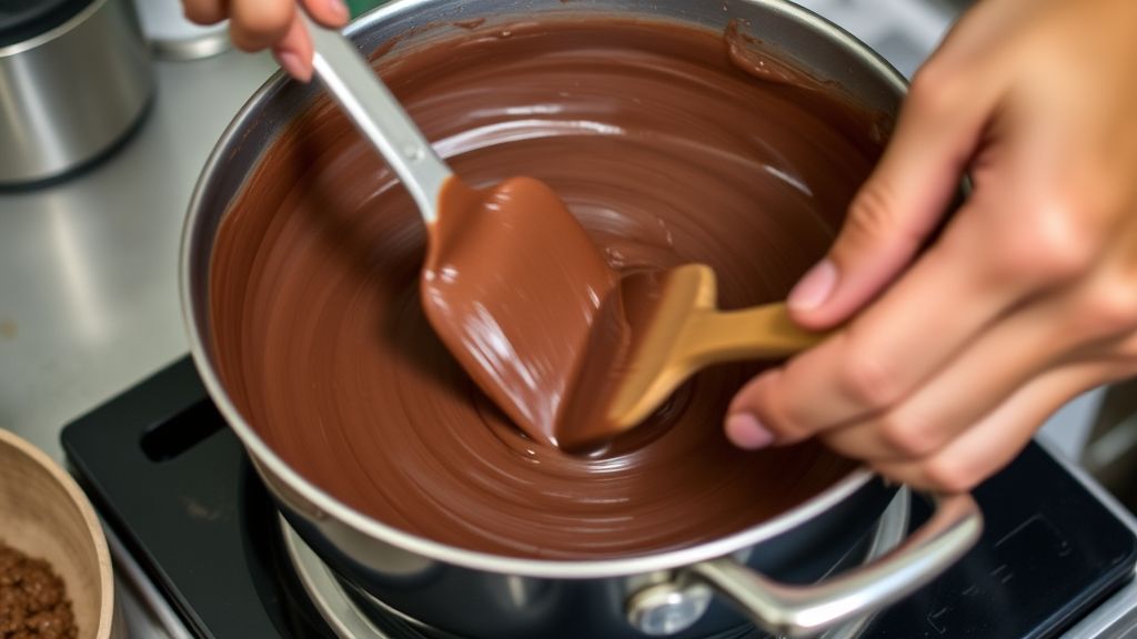 Mãos mexendo o brigadeiro em panela de fundo grosso durante o cozimento