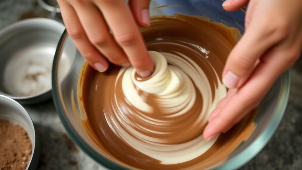 Mãos misturando a massa do brigadeiro sem fogão em uma tigela.
