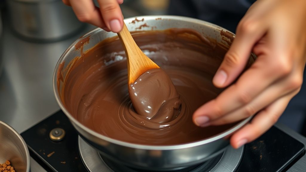 Mãos mexendo o brigadeiro na panela em ponto de enrolar