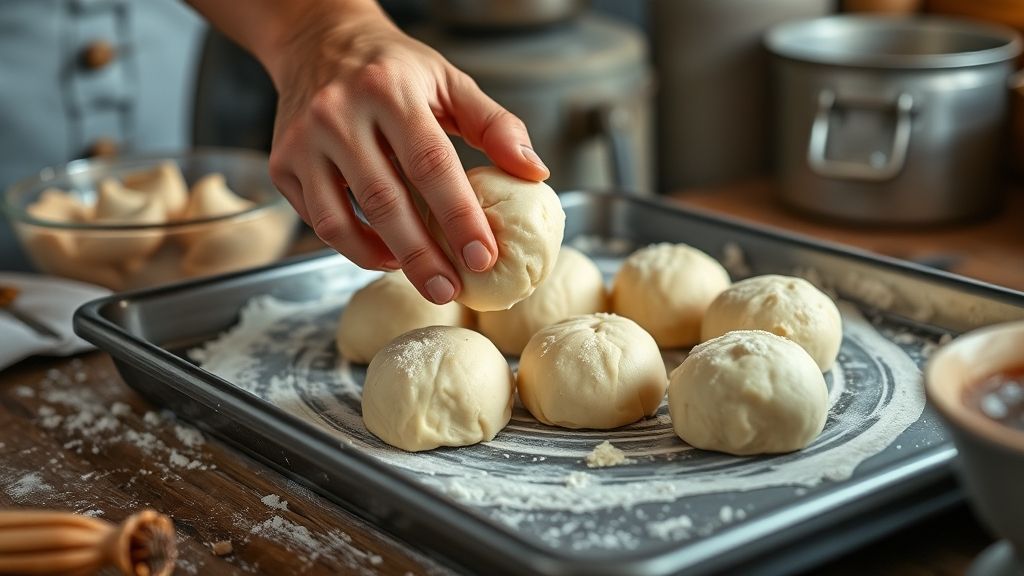Mãos misturando a massa de fubá e modelando pequenas broas sobre bancada de cozinha