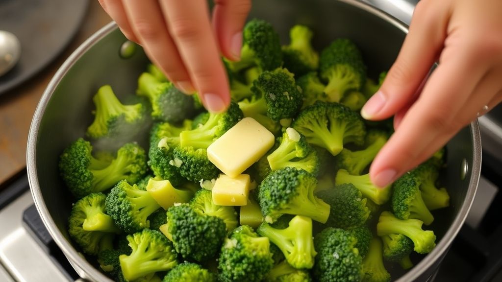 Mãos adicionando brócolis em frigideira com manteiga e alho durante o salteamento.