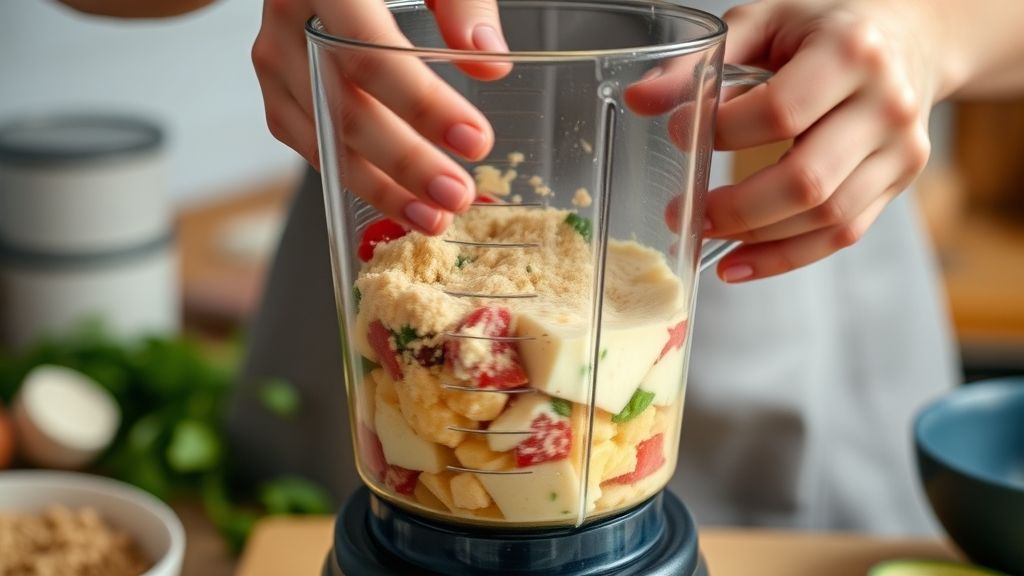 Mãos batendo a massa no liquidificador antes de levar ao forno.