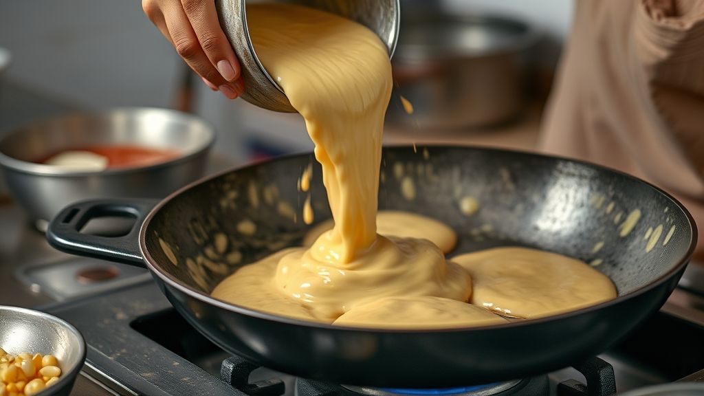 Mãos batendo a massa de milho no liquidificador e colocando a mistura cremosa na frigideira quente