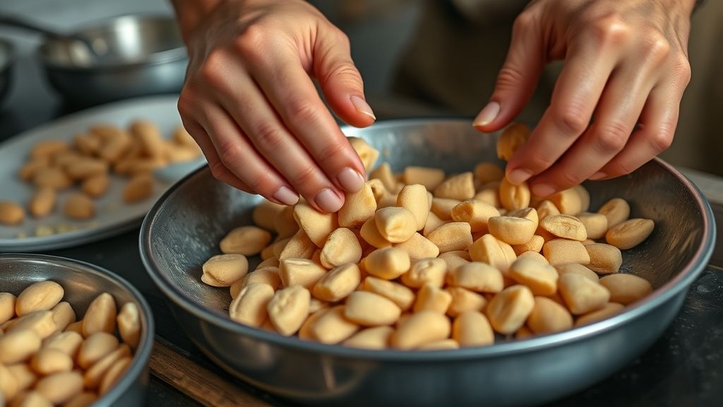 Mãos modelando cajuzinhos sobre uma mesa com tigela de massa e ingredientes ao fundo.