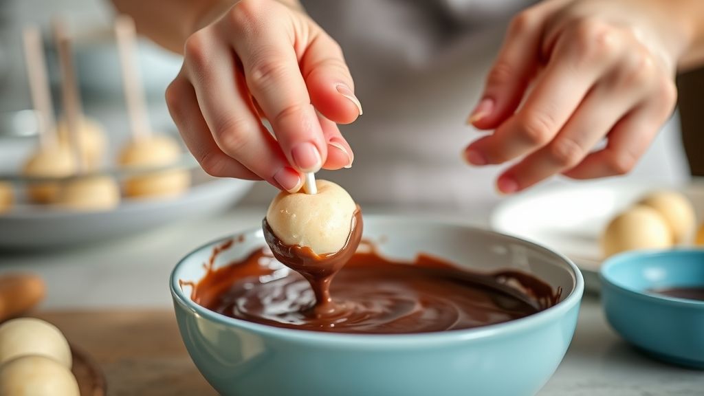Mãos moldando bolinhas de bolo e mergulhando-as em chocolate derretido durante o preparo