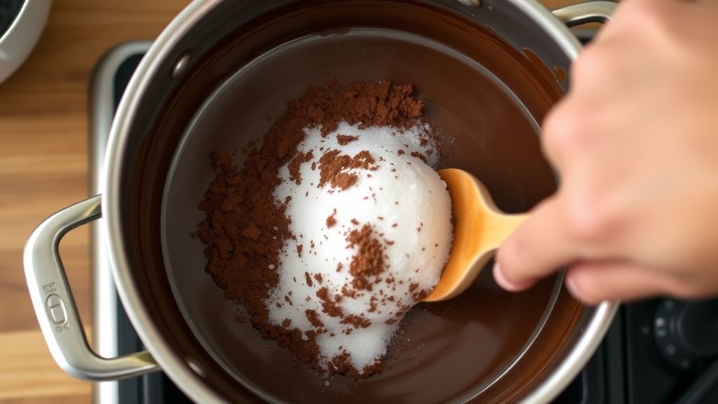 Mãos mexendo a mistura de cacau e açúcar em uma panela durante o preparo da calda