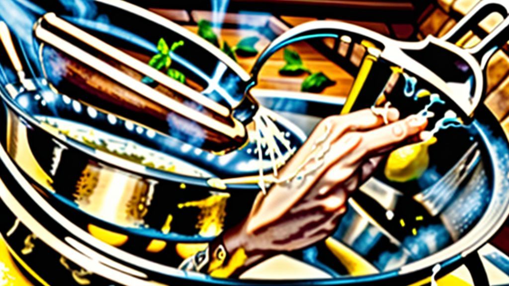 Mãos mexendo a calda dourada em panela pequena com fouet, vapor leve subindo