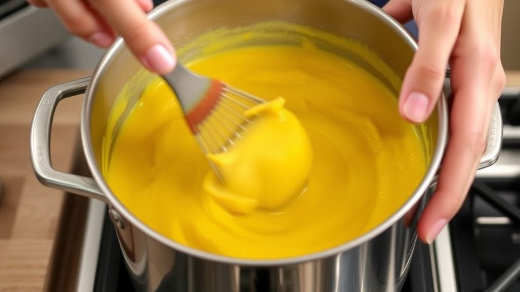 Mãos mexendo a polpa de maracujá e açúcar em panela durante o cozimento da calda