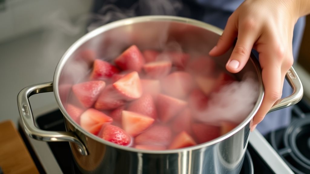 Mãos mexendo morangos e açúcar em panela durante o cozimento da calda.