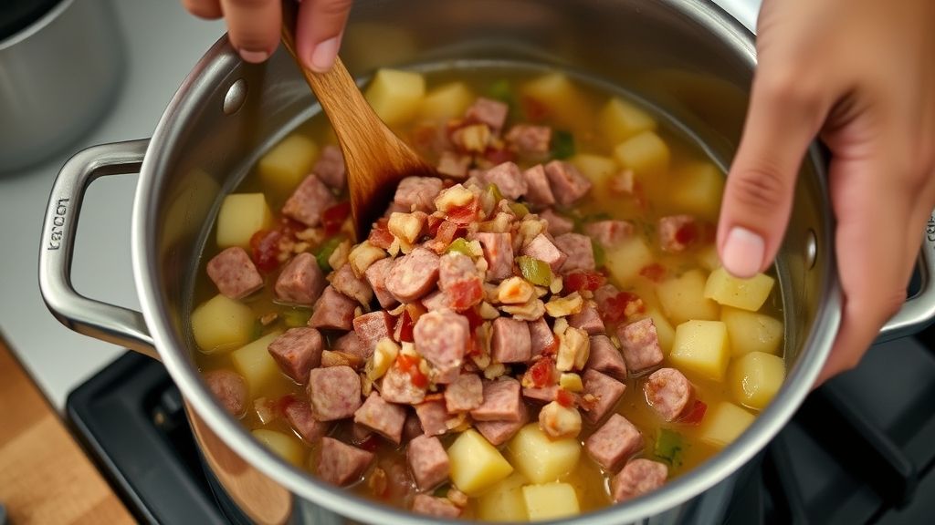 Mãos dourando bacon e calabresa em panela, mostrando o início do refogado aromático