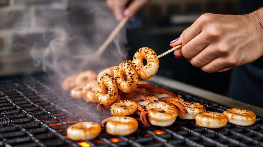 Mãos espetando camarões temperados antes de levar à grelha em uma churrasqueira acesa